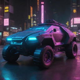 A Cyberpunk armored vehicle, embodying the gritty futuristic aesthetic bathed in neon. The vehicle showcases high-tech integrations, augmented reality interfaces, anti-gravity capabilities, bold neon accents and a shell of advanced armor materials reflecting the glimmer of dystopian city lights