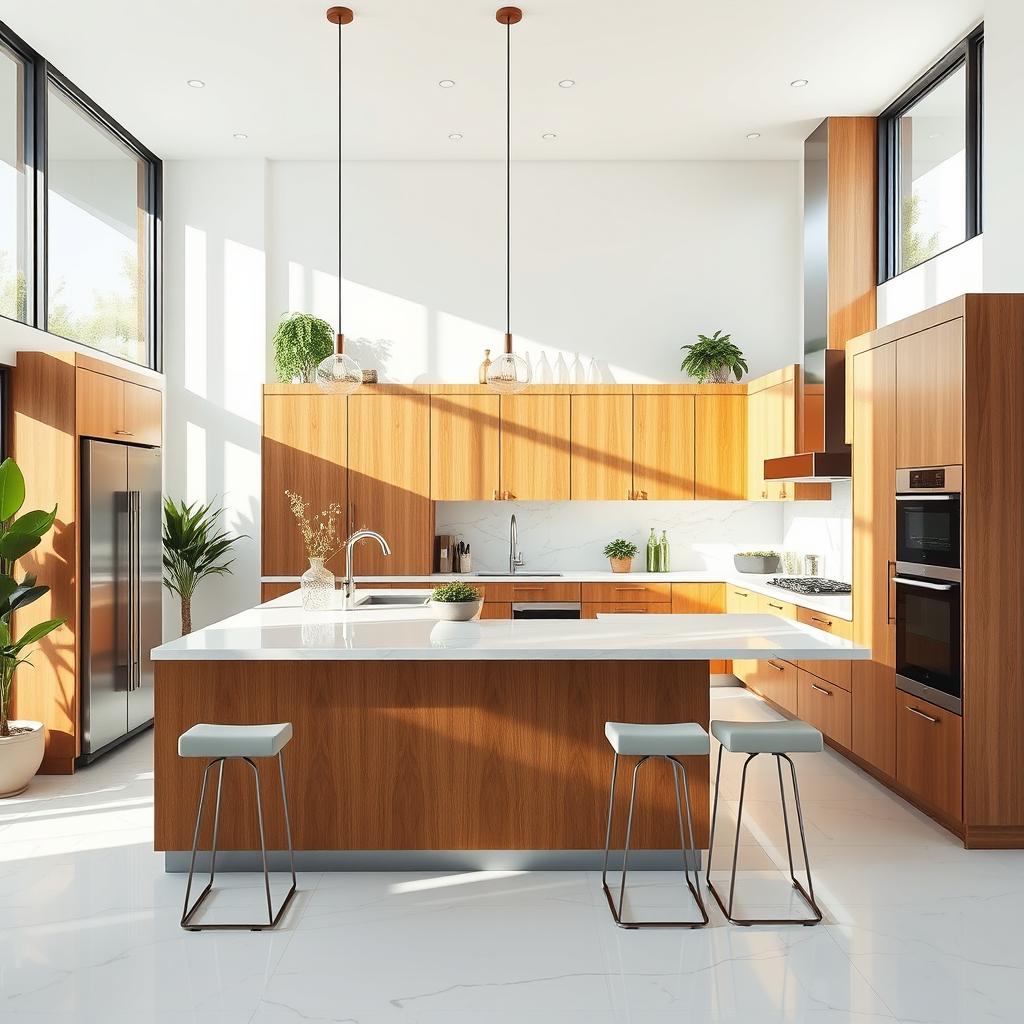 A modern kitchen featuring a large central island