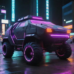 A Cyberpunk armored vehicle, embodying the gritty futuristic aesthetic bathed in neon. The vehicle showcases high-tech integrations, augmented reality interfaces, anti-gravity capabilities, bold neon accents and a shell of advanced armor materials reflecting the glimmer of dystopian city lights