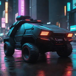 A Cyberpunk armored vehicle, embodying the gritty futuristic aesthetic bathed in neon. The vehicle showcases high-tech integrations, augmented reality interfaces, anti-gravity capabilities, bold neon accents and a shell of advanced armor materials reflecting the glimmer of dystopian city lights