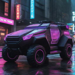 A Cyberpunk armored vehicle, embodying the gritty futuristic aesthetic bathed in neon. The vehicle showcases high-tech integrations, augmented reality interfaces, anti-gravity capabilities, bold neon accents and a shell of advanced armor materials reflecting the glimmer of dystopian city lights