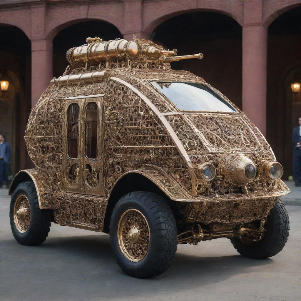 A Teslapunk armored vehicle, paying homage to Tesla's high voltage machinery. It features an intricate network of shining brass coils, sparkling electricity arcs, ornate Victorian detailing, and a gone-era cabin housed within a highly protective spark-gap armored shell