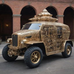 A Teslapunk armored vehicle, paying homage to Tesla's high voltage machinery. It features an intricate network of shining brass coils, sparkling electricity arcs, ornate Victorian detailing, and a gone-era cabin housed within a highly protective spark-gap armored shell