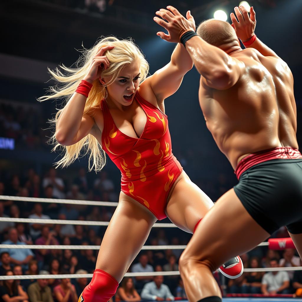 A dynamic scene featuring a fierce blonde brawler in a wrestling ring, showcasing her athleticism and strength