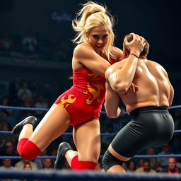 A dynamic scene featuring a fierce blonde brawler in a wrestling ring, showcasing her athleticism and strength