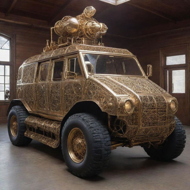 A Teslapunk armored vehicle, paying homage to Tesla's high voltage machinery. It features an intricate network of shining brass coils, sparkling electricity arcs, ornate Victorian detailing, and a gone-era cabin housed within a highly protective spark-gap armored shell