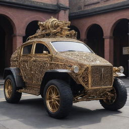 A Teslapunk armored vehicle, paying homage to Tesla's high voltage machinery. It features an intricate network of shining brass coils, sparkling electricity arcs, ornate Victorian detailing, and a gone-era cabin housed within a highly protective spark-gap armored shell