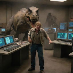 Depict an intense scene of a disheveled Alan Grant entering the control room in Isla Nublar, whilst simultaneously, the T-Rex is seen turning away from the building in the background.