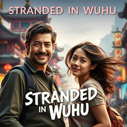 A movie cover for 'Stranded in Wuhu' featuring two main characters, Johnnie Walker, a rugged adventurer with a confident grin, and Teresa, a dreamy and curious woman with flowing hair, both looking bewildered as they stand together in a bustling Chinese cityscape