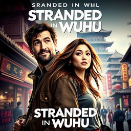 A movie cover for 'Stranded in Wuhu' featuring two main characters, Johnnie Walker, a rugged adventurer with a confident grin, and Teresa, a dreamy and curious woman with flowing hair, both looking bewildered as they stand together in a bustling Chinese cityscape