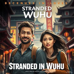A movie cover for 'Stranded in Wuhu' featuring two main characters, Johnnie Walker, a rugged adventurer with a confident grin, and Teresa, a dreamy and curious woman with flowing hair, both looking bewildered as they stand together in a bustling Chinese cityscape