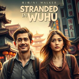 A movie cover for 'Stranded in Wuhu' featuring two main characters, Johnnie Walker, a rugged adventurer with a confident grin, and Teresa, a dreamy and curious woman with flowing hair, both looking bewildered as they stand together in a bustling Chinese cityscape