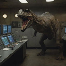 Depict an intense scene of a disheveled Alan Grant entering the control room in Isla Nublar, whilst simultaneously, the T-Rex is seen turning away from the building in the background.