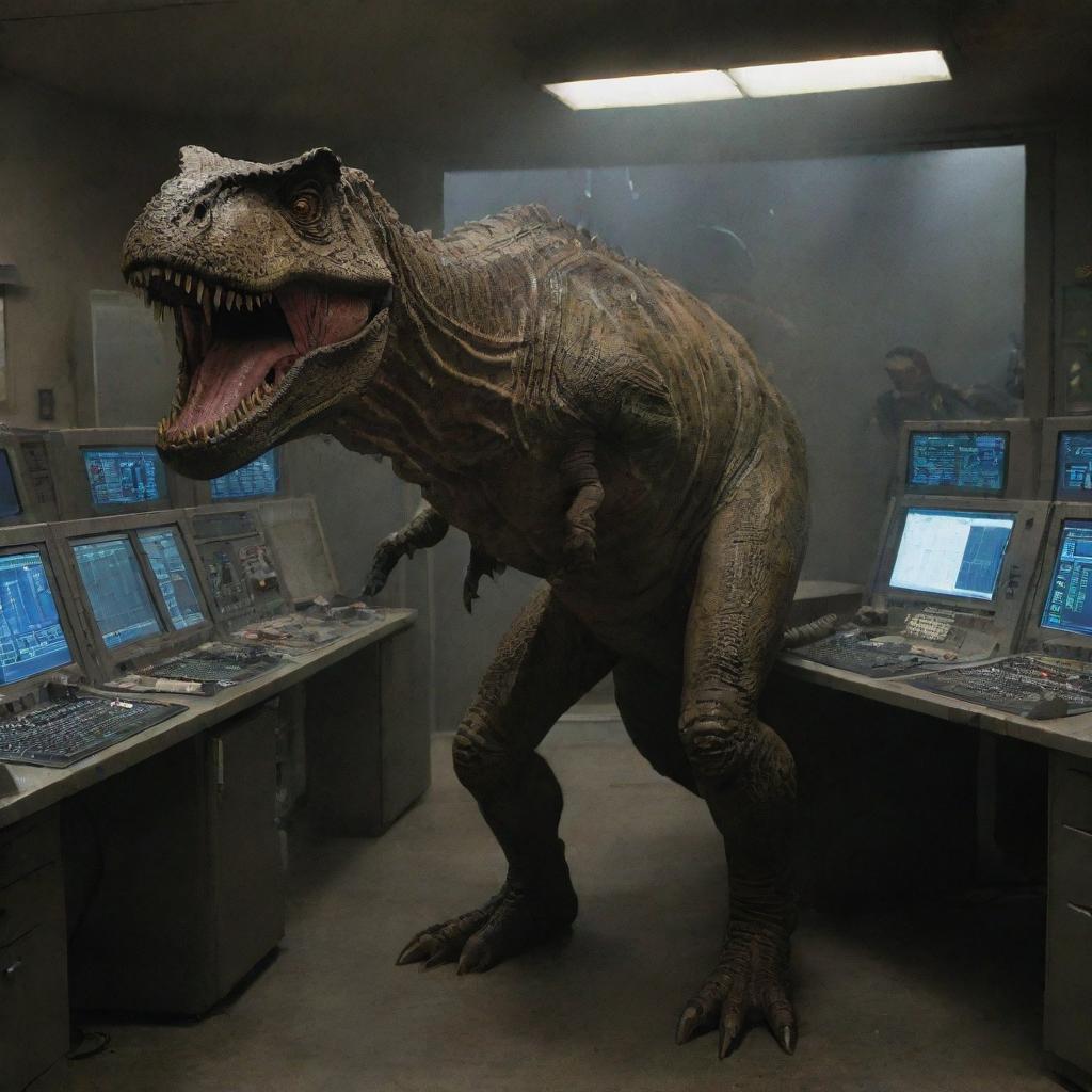 Depict an intense scene of a disheveled Alan Grant entering the control room in Isla Nublar, whilst simultaneously, the T-Rex is seen turning away from the building in the background.