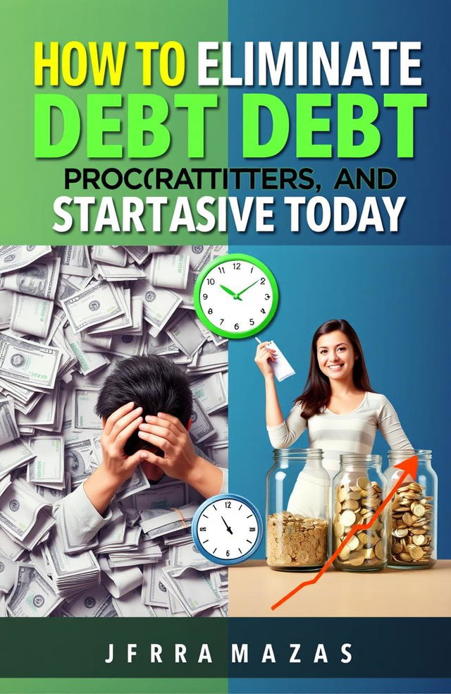 An eye-catching ebook cover featuring the title 'How to Eliminate Debt, Overcome Procrastination, and Start Saving Today' in bold, modern typography