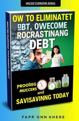 An eye-catching ebook cover featuring the title 'How to Eliminate Debt, Overcome Procrastination, and Start Saving Today' in bold, modern typography