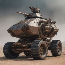 A Mechanicpunk armored vehicle characterized by tradition of mechanical engineering. Envision clockwork gear mechanisms, rugged steel plating, mechanical limbs for off-road challenges, smoke-spudding exhaust stacks, and an array of visible engine components in constant, synchronised motion.