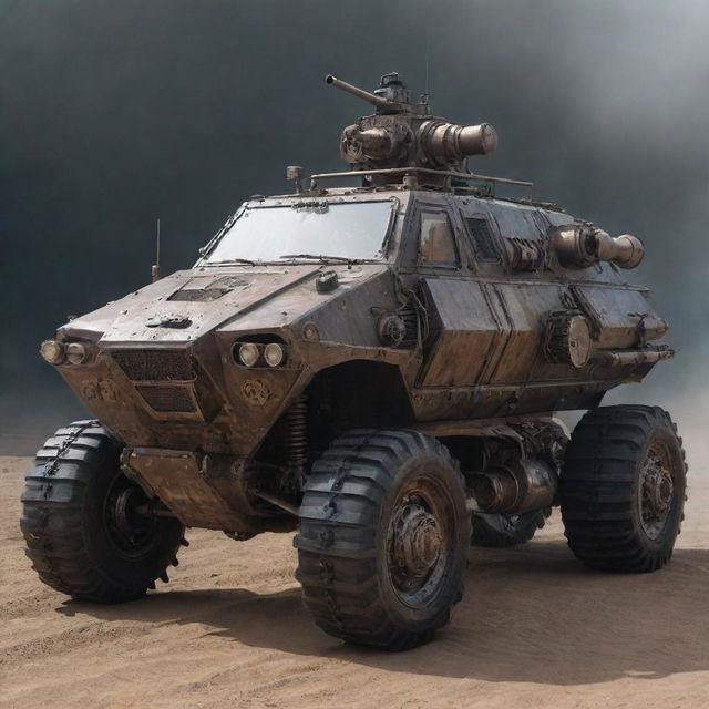 A Mechanicpunk armored vehicle characterized by tradition of mechanical engineering. Envision clockwork gear mechanisms, rugged steel plating, mechanical limbs for off-road challenges, smoke-spudding exhaust stacks, and an array of visible engine components in constant, synchronised motion.