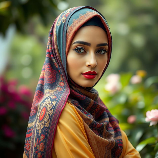 A beautiful woman wearing a hijab as the primary focal point, embodying elegance and grace