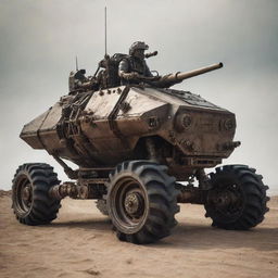 A Mechanicpunk armored vehicle characterized by tradition of mechanical engineering. Envision clockwork gear mechanisms, rugged steel plating, mechanical limbs for off-road challenges, smoke-spudding exhaust stacks, and an array of visible engine components in constant, synchronised motion.