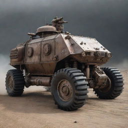 A Mechanicpunk armored vehicle characterized by tradition of mechanical engineering. Envision clockwork gear mechanisms, rugged steel plating, mechanical limbs for off-road challenges, smoke-spudding exhaust stacks, and an array of visible engine components in constant, synchronised motion.