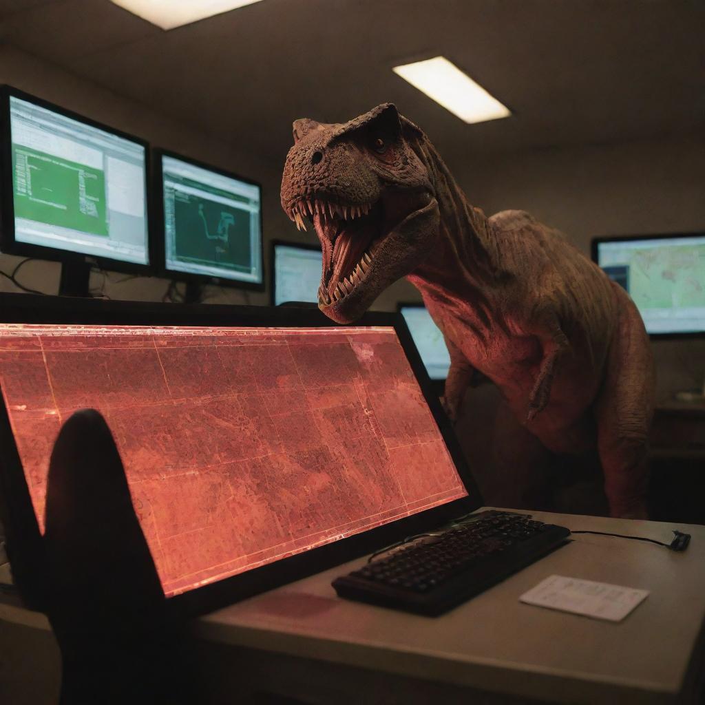 Generate a dramatic image of the computer system alarming a red warning at the location of the T-Rex Paddock on the map, sparking an urgent response from a dirt-covered Alan Grant in the control room.