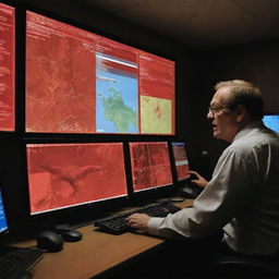 Generate a dramatic image of the computer system alarming a red warning at the location of the T-Rex Paddock on the map, sparking an urgent response from a dirt-covered Alan Grant in the control room.