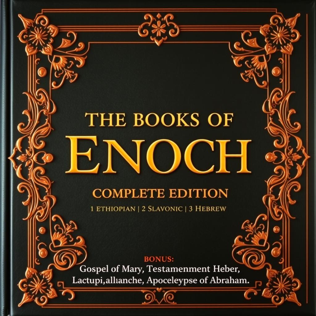 A luxurious and intricate book cover design for a collection titled 'The Books of Enoch', with a subtitle reading 'Complete Edition: 1 Ethiopian, 2 Slavonic, 3 Hebrew'