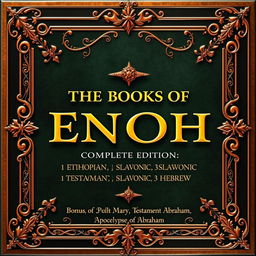 A luxurious and intricate book cover design for a collection titled 'The Books of Enoch', with a subtitle reading 'Complete Edition: 1 Ethiopian, 2 Slavonic, 3 Hebrew'