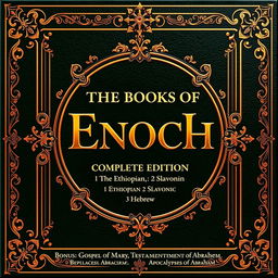 A luxurious and intricate book cover design for a collection titled 'The Books of Enoch', with a subtitle reading 'Complete Edition: 1 Ethiopian, 2 Slavonic, 3 Hebrew'