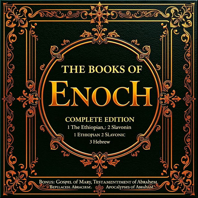 A luxurious and intricate book cover design for a collection titled 'The Books of Enoch', with a subtitle reading 'Complete Edition: 1 Ethiopian, 2 Slavonic, 3 Hebrew'