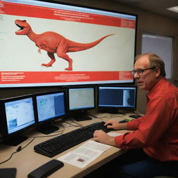 Generate a dramatic image of the computer system alarming a red warning at the location of the T-Rex Paddock on the map, sparking an urgent response from a dirt-covered Alan Grant in the control room.