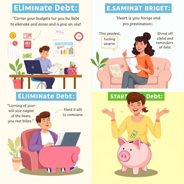 An informative and inspiring illustration showcasing a diverse group of adults engaging in various actions to eliminate debt, overcome procrastination, and start saving