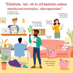 An informative and inspiring illustration showcasing a diverse group of adults engaging in various actions to eliminate debt, overcome procrastination, and start saving