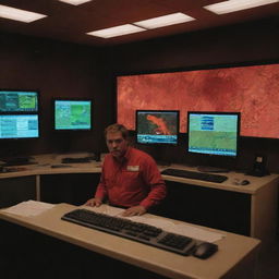 Generate a dramatic image of the computer system alarming a red warning at the location of the T-Rex Paddock on the map, sparking an urgent response from a dirt-covered Alan Grant in the control room.