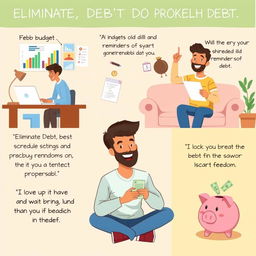An informative and inspiring illustration showcasing a diverse group of adults engaging in various actions to eliminate debt, overcome procrastination, and start saving