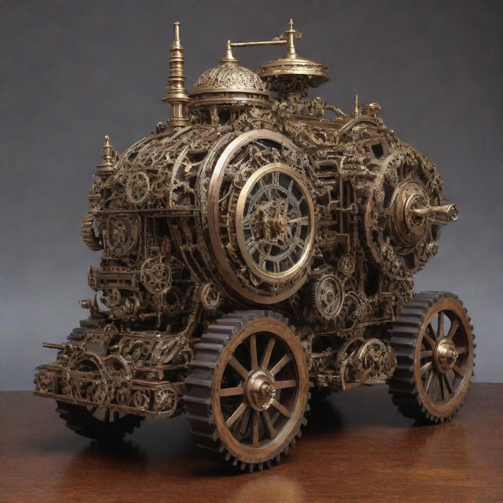 A Clockpunk armored vehicle, echoing the intricate workings of a clock. The vehicle is adorned with an array of cogwheels and gear mechanisms visible through transparent panels, a brass and wood finish, steam-powered engine chugging rhythmically like a heartbeat, and a timeless Victorian elegance