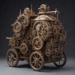 A Clockpunk armored vehicle, echoing the intricate workings of a clock. The vehicle is adorned with an array of cogwheels and gear mechanisms visible through transparent panels, a brass and wood finish, steam-powered engine chugging rhythmically like a heartbeat, and a timeless Victorian elegance