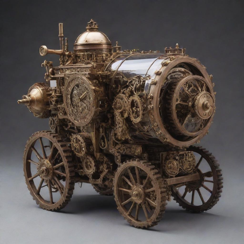 A Clockpunk armored vehicle, echoing the intricate workings of a clock. The vehicle is adorned with an array of cogwheels and gear mechanisms visible through transparent panels, a brass and wood finish, steam-powered engine chugging rhythmically like a heartbeat, and a timeless Victorian elegance
