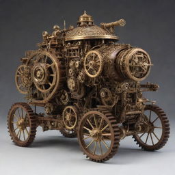 A Clockpunk armored vehicle, echoing the intricate workings of a clock. The vehicle is adorned with an array of cogwheels and gear mechanisms visible through transparent panels, a brass and wood finish, steam-powered engine chugging rhythmically like a heartbeat, and a timeless Victorian elegance