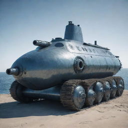 An Aquapunk armored vehicle, expressing a deep connection to the ocean and marine life. It is stylized like an armored submarine on wheels, with a body resembling a sea creature's, barnacle textured armor, circular portholes, a periscope, and an overall sleek aquatic design