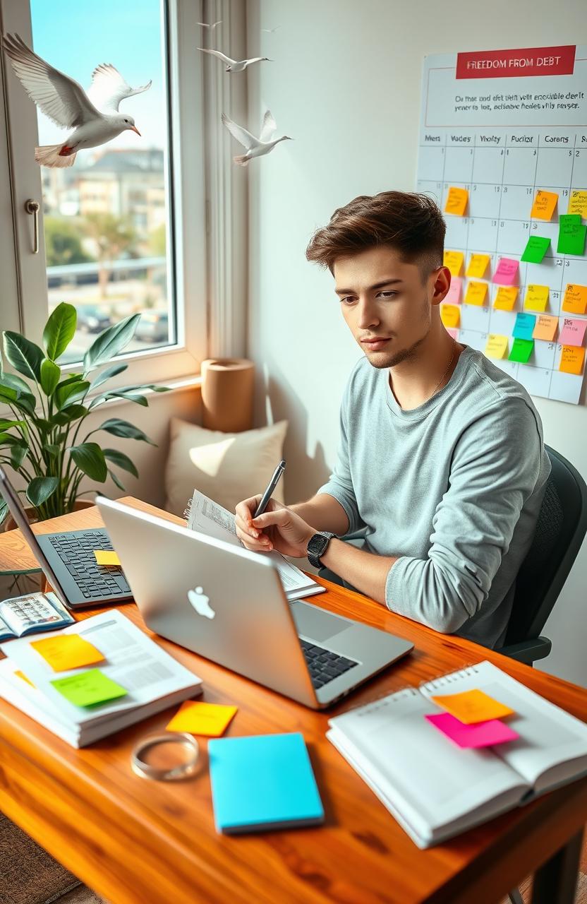 A motivational and inspiring scene depicting a young adult sitting at a tidy desk filled with financial books, a laptop open showing a budgeting app, and colorful sticky notes with plans and reminders