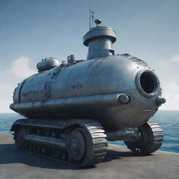 An Aquapunk armored vehicle, expressing a deep connection to the ocean and marine life. It is stylized like an armored submarine on wheels, with a body resembling a sea creature's, barnacle textured armor, circular portholes, a periscope, and an overall sleek aquatic design