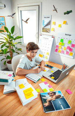 A motivational and inspiring scene depicting a young adult sitting at a tidy desk filled with financial books, a laptop open showing a budgeting app, and colorful sticky notes with plans and reminders