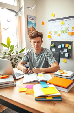 A motivational and inspiring scene depicting a young adult sitting at a tidy desk filled with financial books, a laptop open showing a budgeting app, and colorful sticky notes with plans and reminders