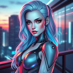 A stunningly beautiful female android with striking features and a confident pose