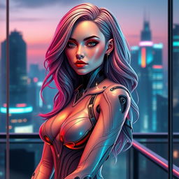 A stunningly beautiful female android with striking features and a confident pose