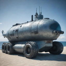 An Aquapunk armored vehicle, expressing a deep connection to the ocean and marine life. It is stylized like an armored submarine on wheels, with a body resembling a sea creature's, barnacle textured armor, circular portholes, a periscope, and an overall sleek aquatic design