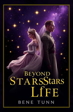 A captivating book cover design featuring a princess and a soldier, both portrayed as ethereal figures, standing back-to-back