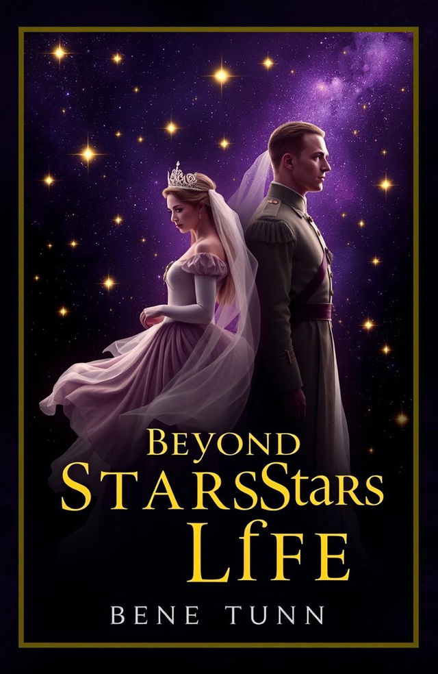 A captivating book cover design featuring a princess and a soldier, both portrayed as ethereal figures, standing back-to-back